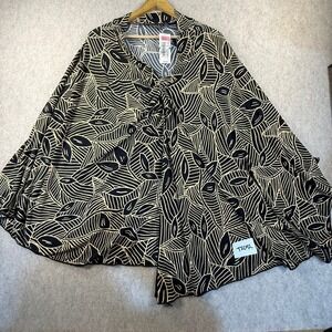 Maxime Black Tan Abstract Leaf Print Cape Top Draped Open Front Large NWT Y2K
